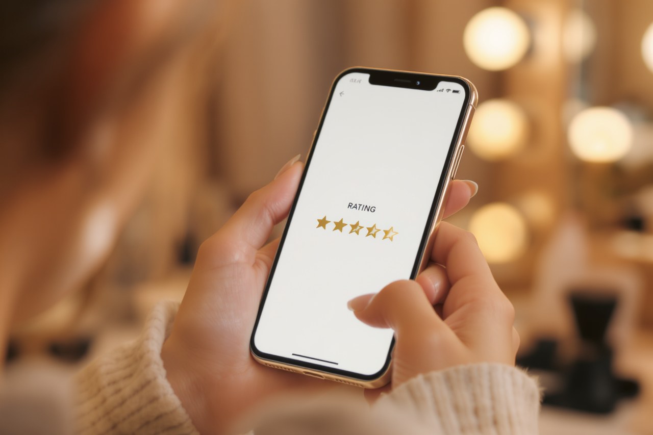 A happy client leaving a five-star review for her lash artist