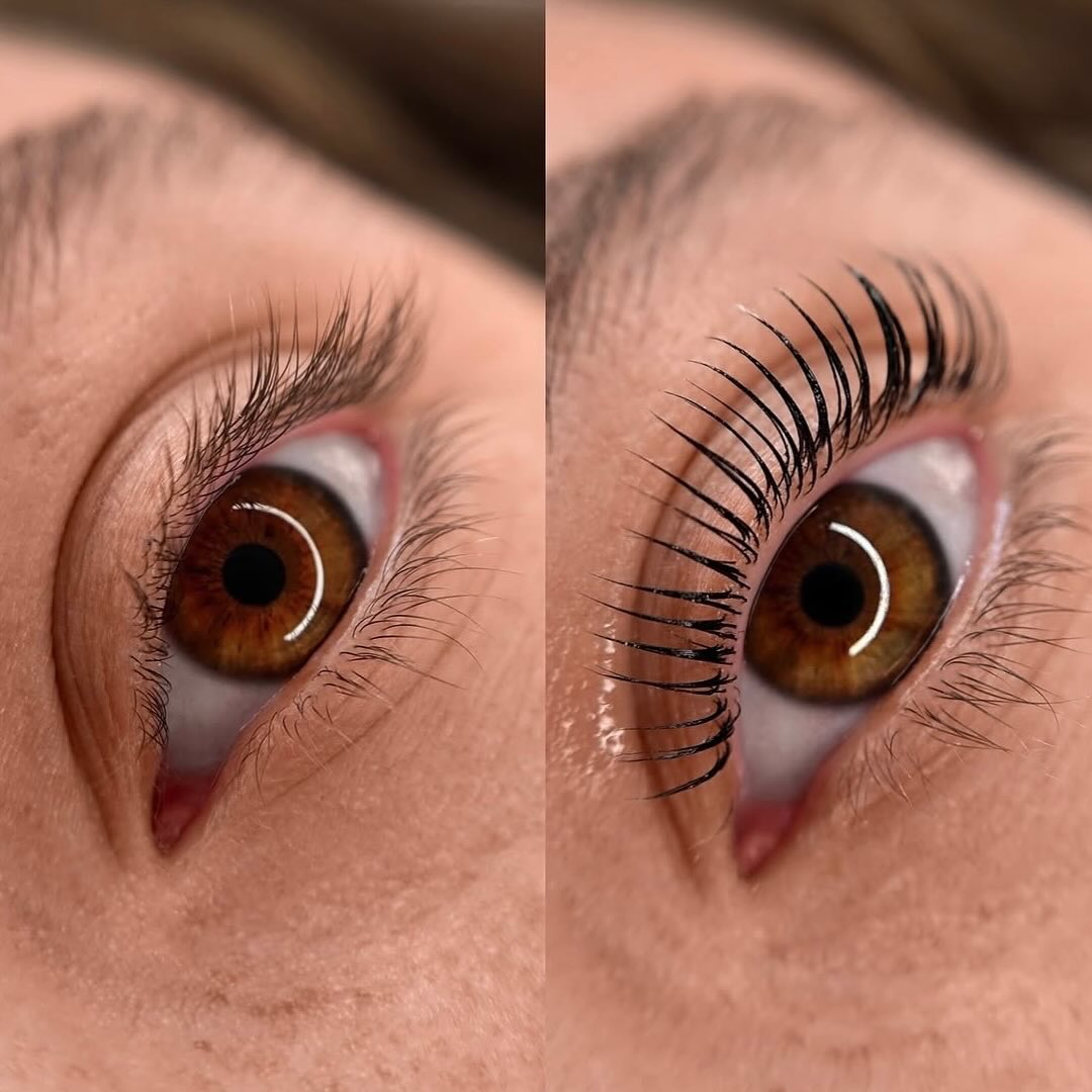 Lashes before and after lamination, work by lamini.almaty